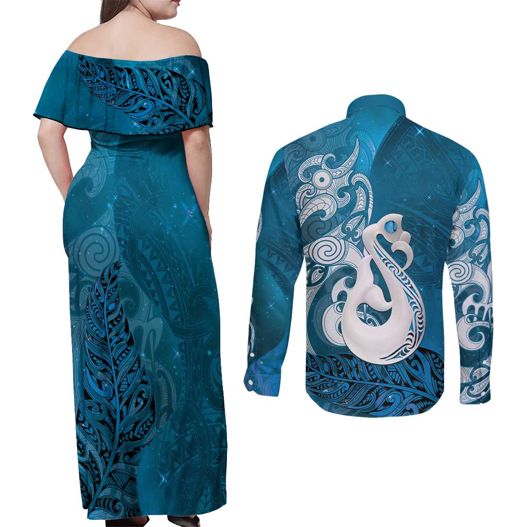 New Zealand Matariki Couples Matching Off Shoulder Maxi Dress and Long Sleeve Button Shirt Maori Manaia Galaxy Silver Fern Blue Color