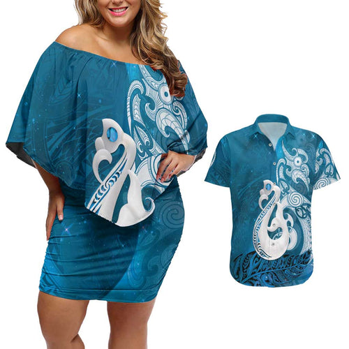New Zealand Matariki Couples Matching Off Shoulder Short Dress and Hawaiian Shirt Maori Manaia Galaxy Silver Fern Blue Color