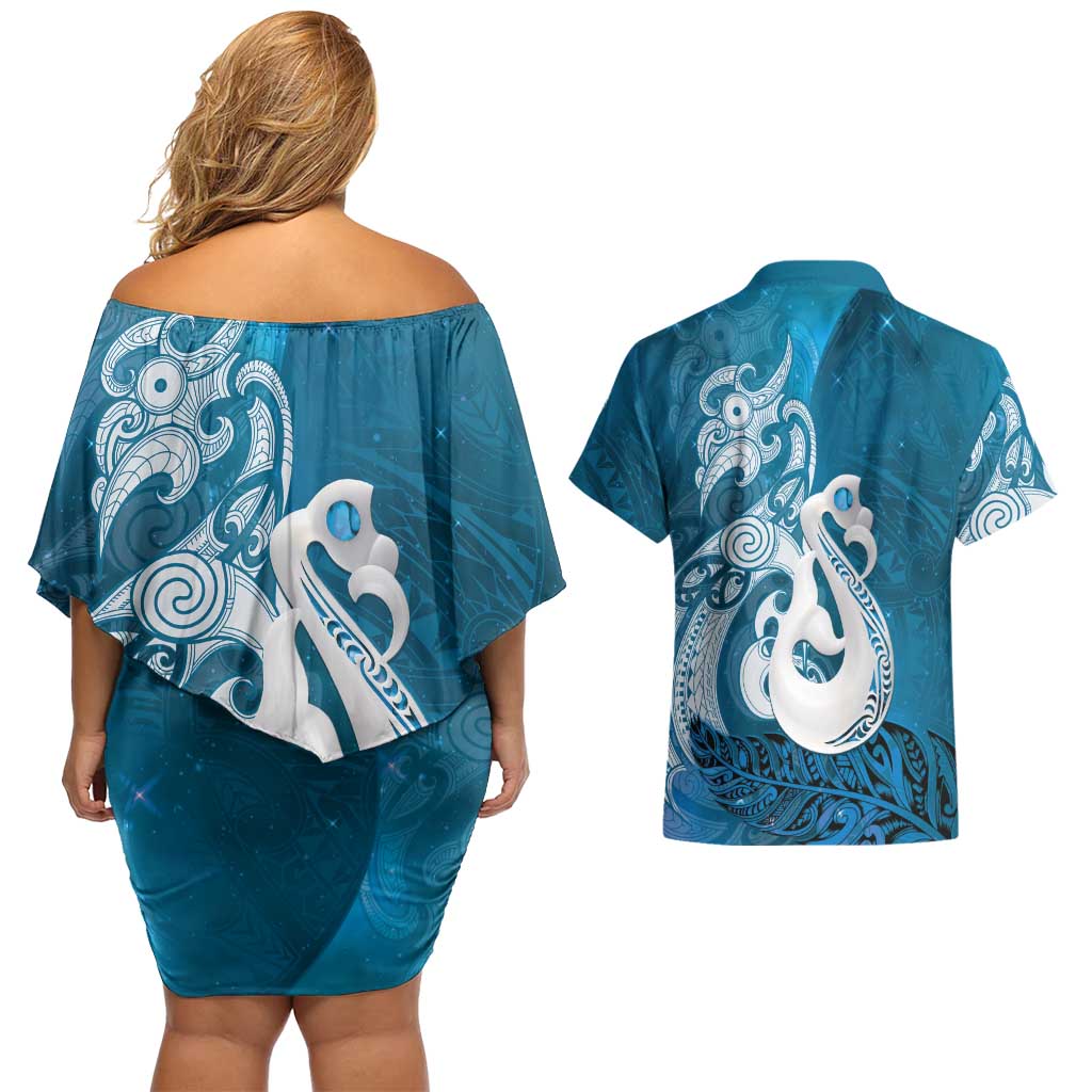 New Zealand Matariki Couples Matching Off Shoulder Short Dress and Hawaiian Shirt Maori Manaia Galaxy Silver Fern Blue Color