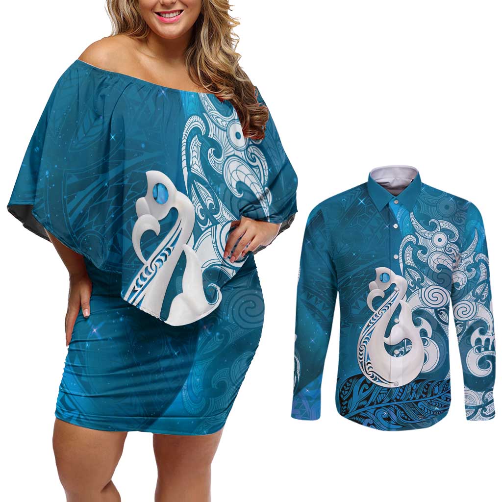 New Zealand Matariki Couples Matching Off Shoulder Short Dress and Long Sleeve Button Shirt Maori Manaia Galaxy Silver Fern Blue Color