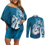 New Zealand Matariki Couples Matching Off Shoulder Short Dress and Long Sleeve Button Shirt Maori Manaia Galaxy Silver Fern Blue Color