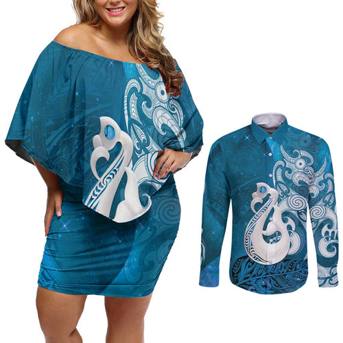 New Zealand Matariki Couples Matching Off Shoulder Short Dress and Long Sleeve Button Shirt Maori Manaia Galaxy Silver Fern Blue Color