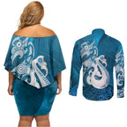 New Zealand Matariki Couples Matching Off Shoulder Short Dress and Long Sleeve Button Shirt Maori Manaia Galaxy Silver Fern Blue Color