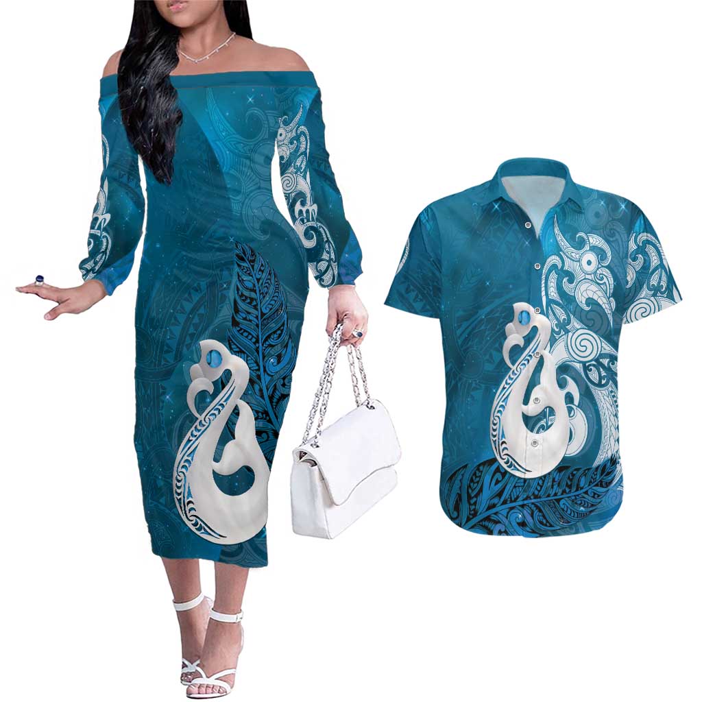 New Zealand Matariki Couples Matching Off The Shoulder Long Sleeve Dress and Hawaiian Shirt Maori Manaia Galaxy Silver Fern Blue Color