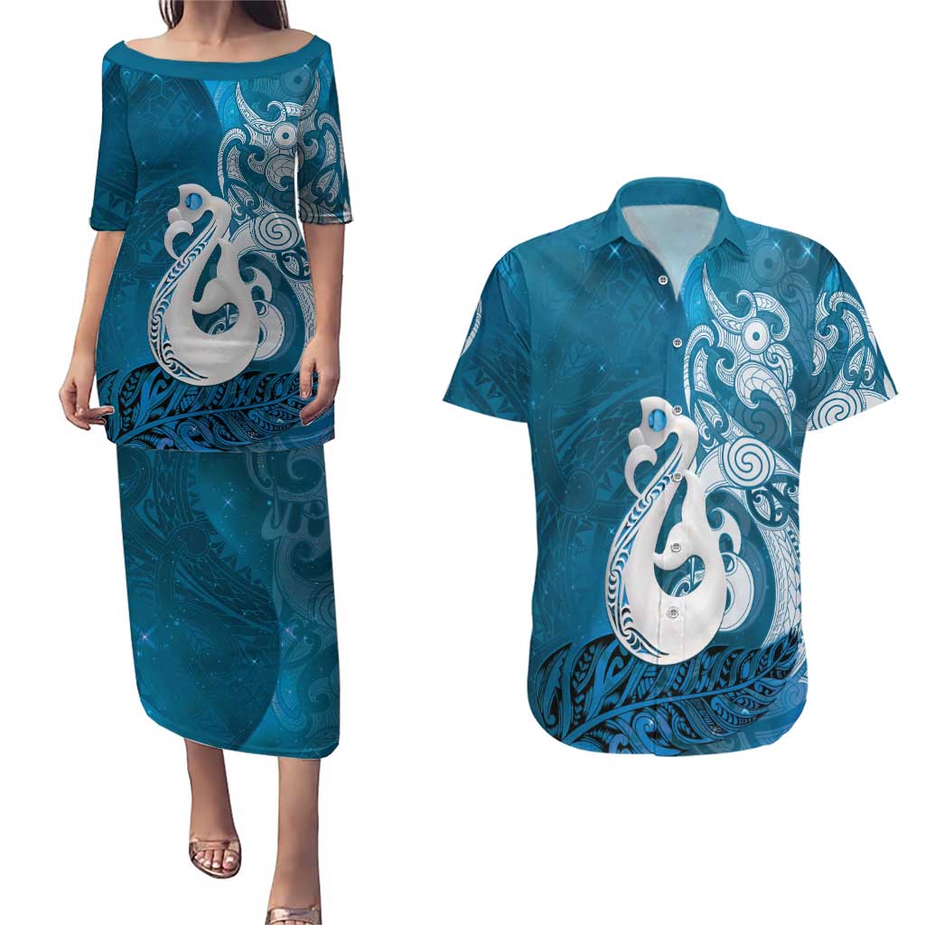 New Zealand Matariki Couples Matching Puletasi and Hawaiian Shirt Maori Manaia Galaxy Silver Fern Blue Color