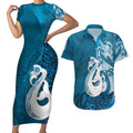 New Zealand Matariki Couples Matching Short Sleeve Bodycon Dress and Hawaiian Shirt Maori Manaia Galaxy Silver Fern Blue Color