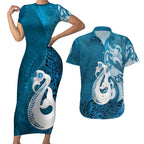 New Zealand Matariki Couples Matching Short Sleeve Bodycon Dress and Hawaiian Shirt Maori Manaia Galaxy Silver Fern Blue Color