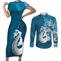 New Zealand Matariki Couples Matching Short Sleeve Bodycon Dress and Long Sleeve Button Shirt Maori Manaia Galaxy Silver Fern Blue Color