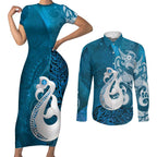 New Zealand Matariki Couples Matching Short Sleeve Bodycon Dress and Long Sleeve Button Shirt Maori Manaia Galaxy Silver Fern Blue Color