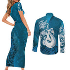 New Zealand Matariki Couples Matching Short Sleeve Bodycon Dress and Long Sleeve Button Shirt Maori Manaia Galaxy Silver Fern Blue Color