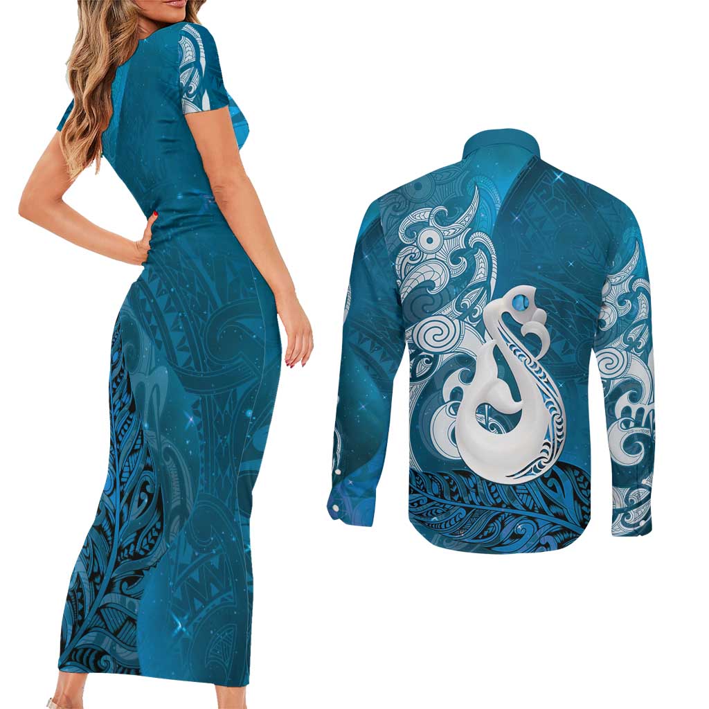 New Zealand Matariki Couples Matching Short Sleeve Bodycon Dress and Long Sleeve Button Shirt Maori Manaia Galaxy Silver Fern Blue Color