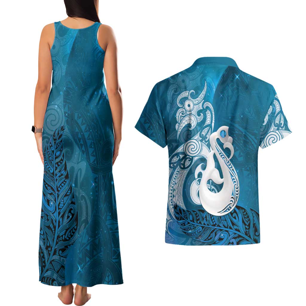 New Zealand Matariki Couples Matching Tank Maxi Dress and Hawaiian Shirt Maori Manaia Galaxy Silver Fern Blue Color