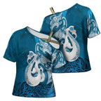 New Zealand Matariki Cross Shoulder Shirt Maori Manaia Galaxy Silver Fern Blue Color