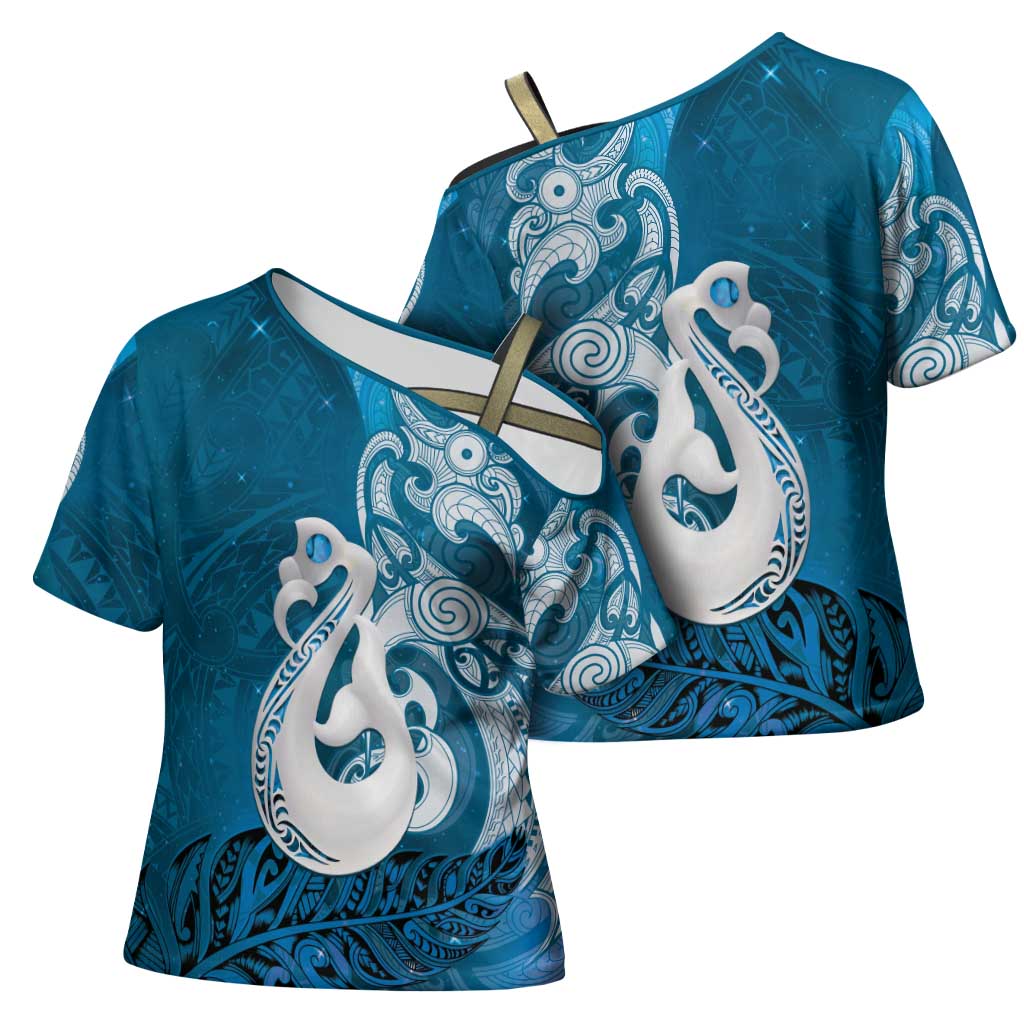 New Zealand Matariki Cross Shoulder Shirt Maori Manaia Galaxy Silver Fern Blue Color
