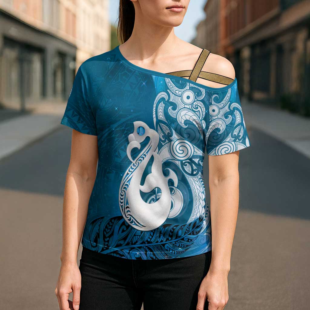 New Zealand Matariki Cross Shoulder Shirt Maori Manaia Galaxy Silver Fern Blue Color