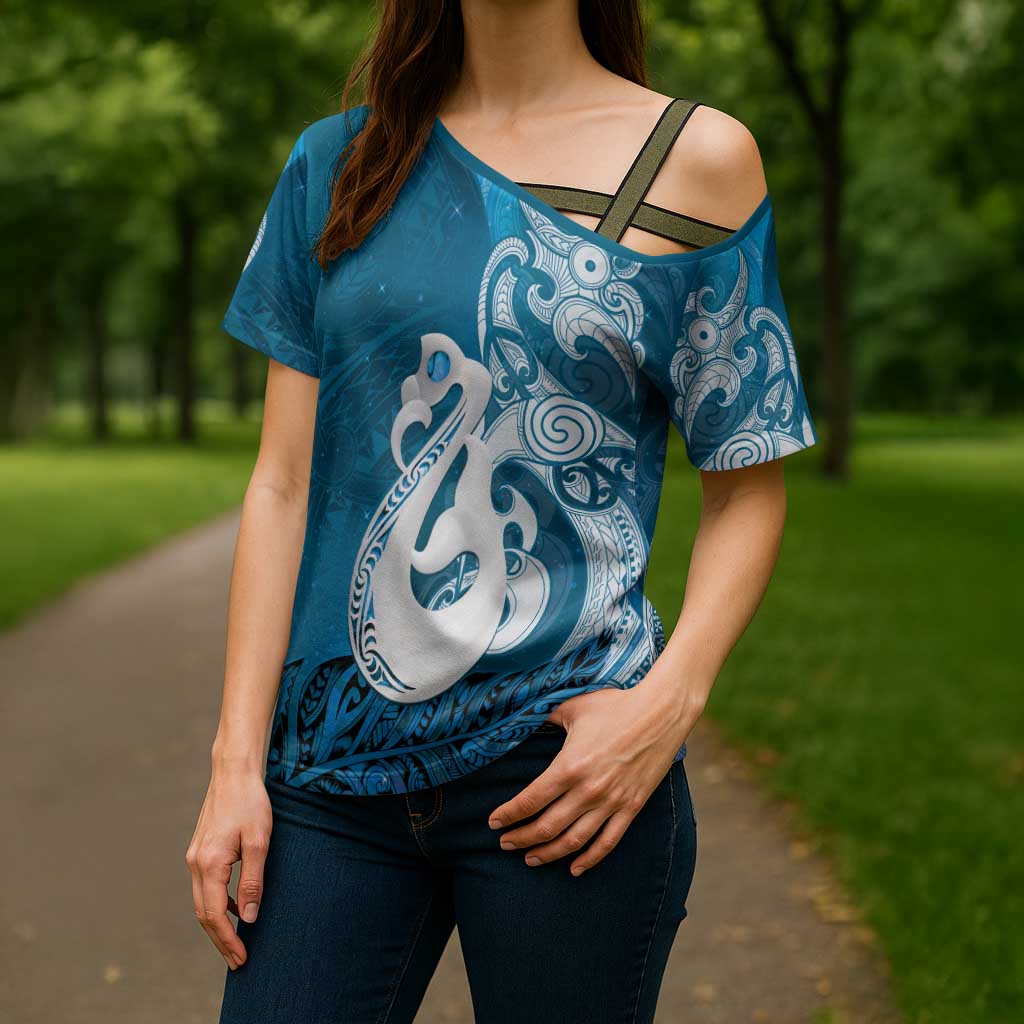 New Zealand Matariki Cross Shoulder Shirt Maori Manaia Galaxy Silver Fern Blue Color