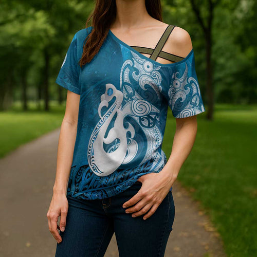 New Zealand Matariki Cross Shoulder Shirt Maori Manaia Galaxy Silver Fern Blue Color