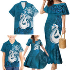 New Zealand Matariki Family Matching Mermaid Dress and Hawaiian Shirt Maori Manaia Galaxy Silver Fern Blue Color