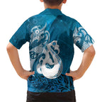 New Zealand Matariki Family Matching Off The Shoulder Long Sleeve Dress and Hawaiian Shirt Maori Manaia Galaxy Silver Fern Blue Color