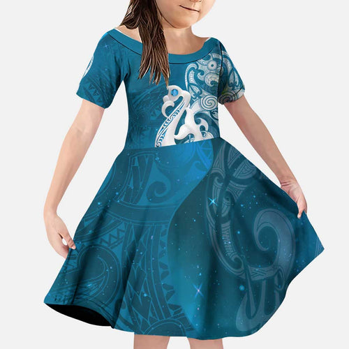 New Zealand Matariki Family Matching Off The Shoulder Long Sleeve Dress and Hawaiian Shirt Maori Manaia Galaxy Silver Fern Blue Color