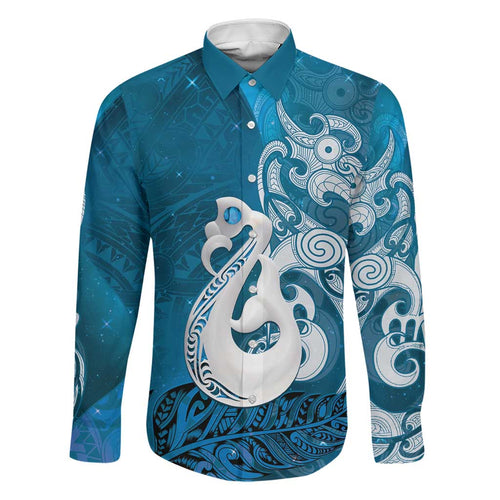 New Zealand Matariki Family Matching Off The Shoulder Long Sleeve Dress and Hawaiian Shirt Maori Manaia Galaxy Silver Fern Blue Color