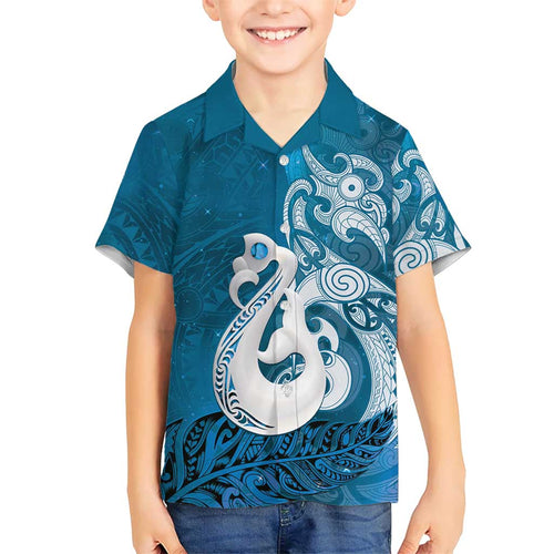 New Zealand Matariki Family Matching Off The Shoulder Long Sleeve Dress and Hawaiian Shirt Maori Manaia Galaxy Silver Fern Blue Color