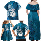 New Zealand Matariki Family Matching Off Shoulder Maxi Dress and Hawaiian Shirt Maori Manaia Galaxy Silver Fern Blue Color