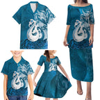 New Zealand Matariki Family Matching Puletasi and Hawaiian Shirt Maori Manaia Galaxy Silver Fern Blue Color
