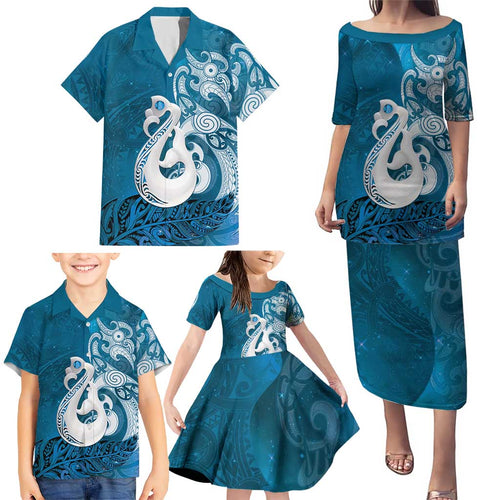 New Zealand Matariki Family Matching Puletasi and Hawaiian Shirt Maori Manaia Galaxy Silver Fern Blue Color
