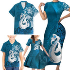 New Zealand Matariki Family Matching Short Sleeve Bodycon Dress and Hawaiian Shirt Maori Manaia Galaxy Silver Fern Blue Color