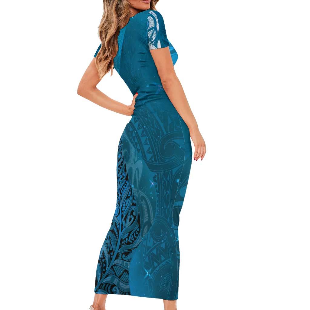 New Zealand Matariki Family Matching Short Sleeve Bodycon Dress and Hawaiian Shirt Maori Manaia Galaxy Silver Fern Blue Color