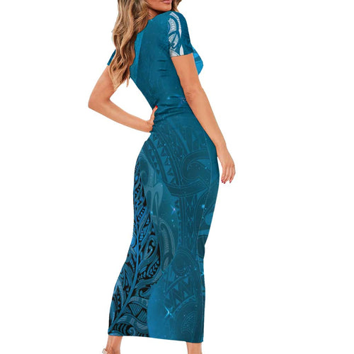 New Zealand Matariki Family Matching Short Sleeve Bodycon Dress and Hawaiian Shirt Maori Manaia Galaxy Silver Fern Blue Color
