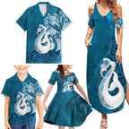 New Zealand Matariki Family Matching Summer Maxi Dress and Hawaiian Shirt Maori Manaia Galaxy Silver Fern Blue Color