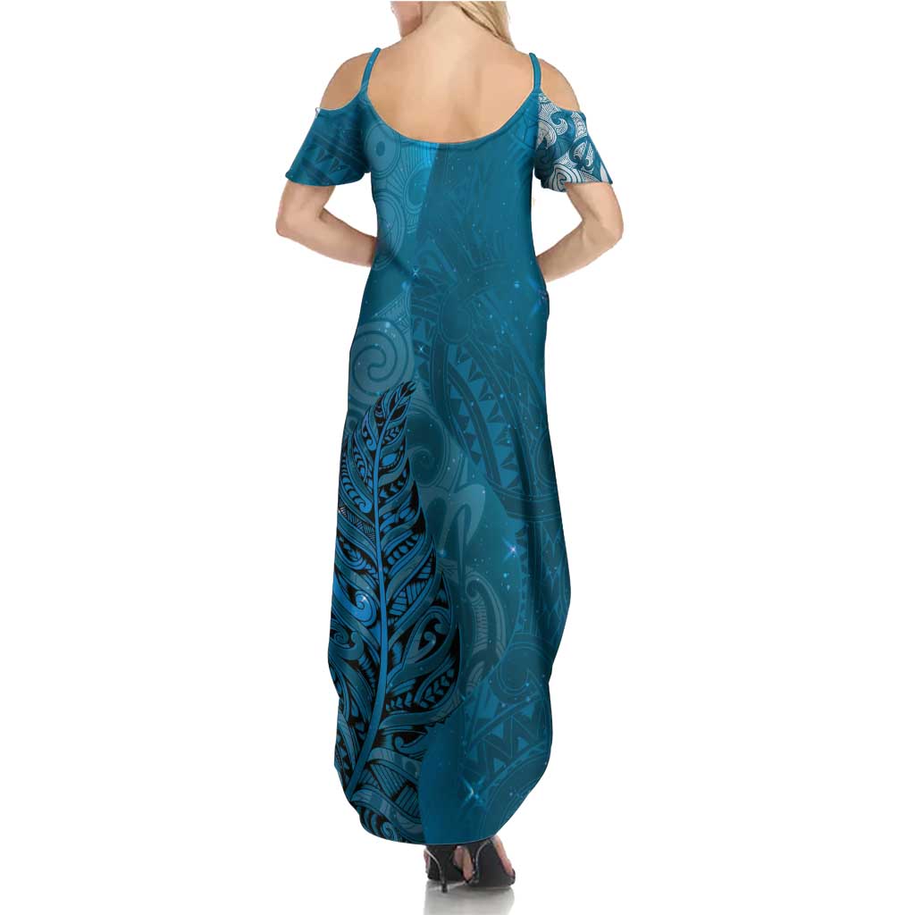 New Zealand Matariki Family Matching Summer Maxi Dress and Hawaiian Shirt Maori Manaia Galaxy Silver Fern Blue Color