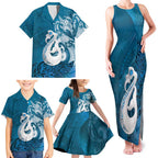 New Zealand Matariki Family Matching Tank Maxi Dress and Hawaiian Shirt Maori Manaia Galaxy Silver Fern Blue Color