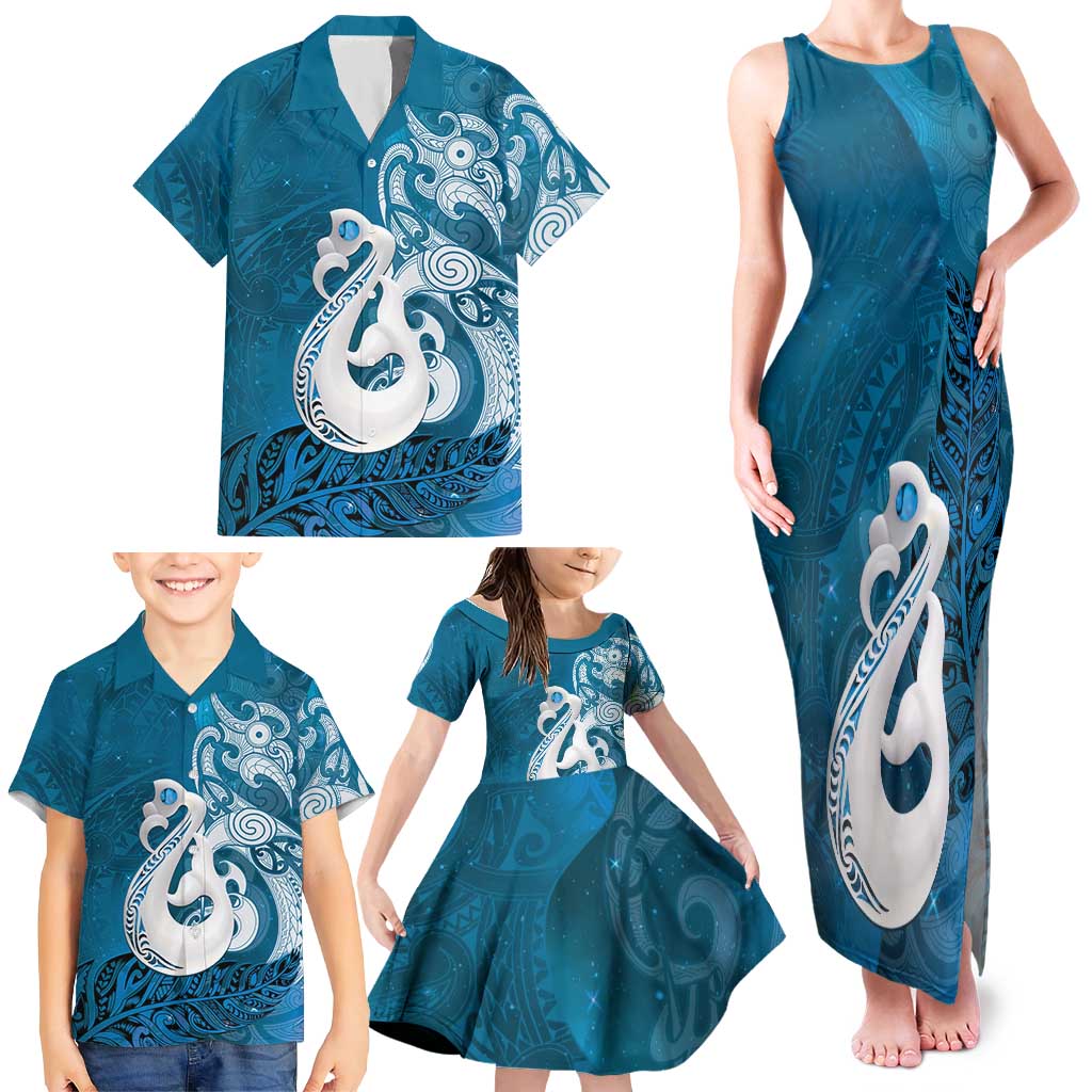 New Zealand Matariki Family Matching Tank Maxi Dress and Hawaiian Shirt Maori Manaia Galaxy Silver Fern Blue Color