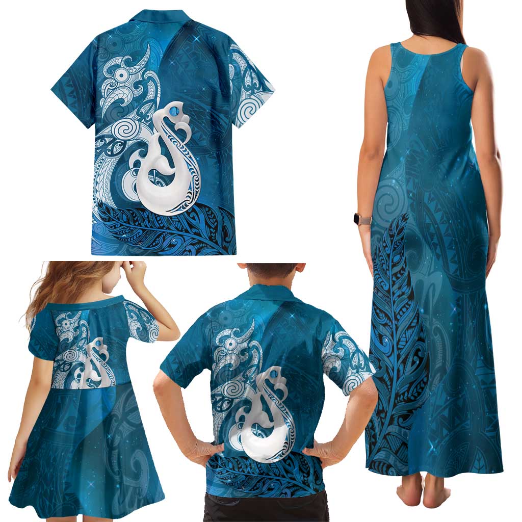 New Zealand Matariki Family Matching Tank Maxi Dress and Hawaiian Shirt Maori Manaia Galaxy Silver Fern Blue Color