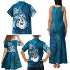 New Zealand Matariki Family Matching Tank Maxi Dress and Hawaiian Shirt Maori Manaia Galaxy Silver Fern Blue Color