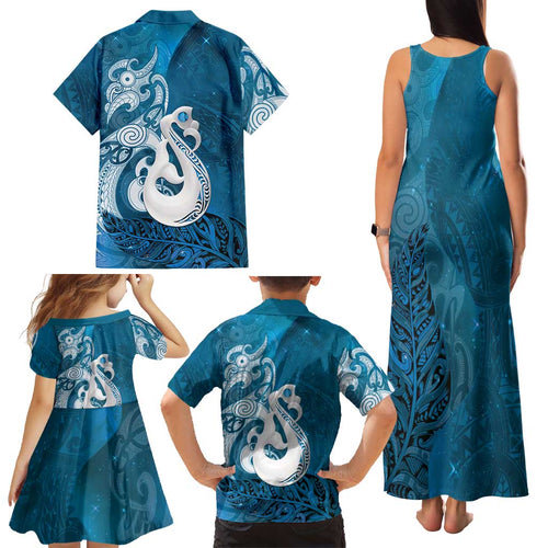 New Zealand Matariki Family Matching Tank Maxi Dress and Hawaiian Shirt Maori Manaia Galaxy Silver Fern Blue Color