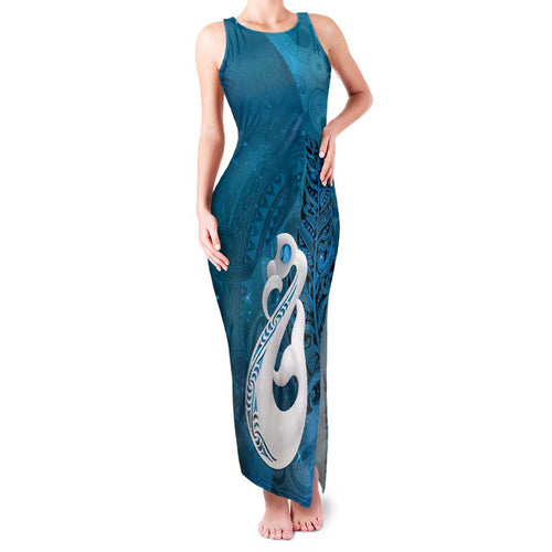 New Zealand Matariki Family Matching Tank Maxi Dress and Hawaiian Shirt Maori Manaia Galaxy Silver Fern Blue Color