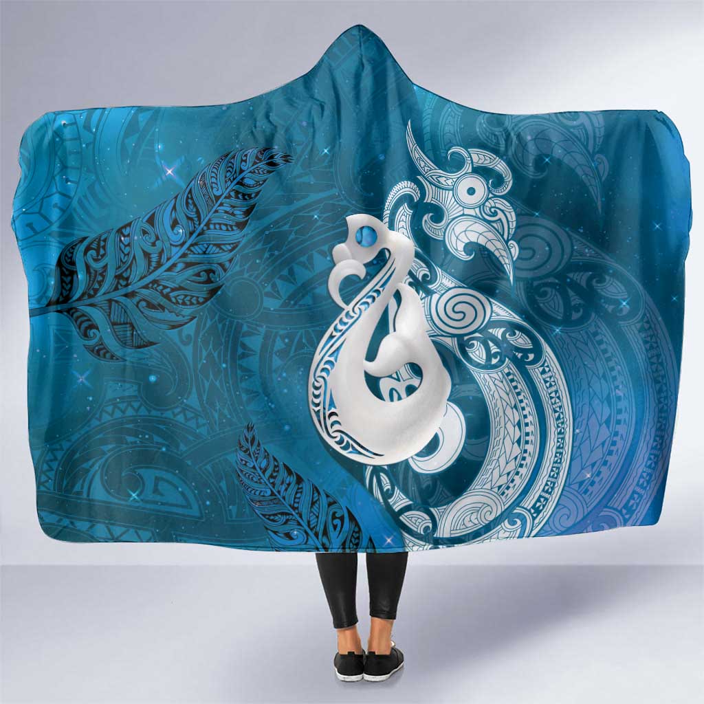 New Zealand Matariki Hooded Blanket Maori Manaia Galaxy Silver Fern Blue Color