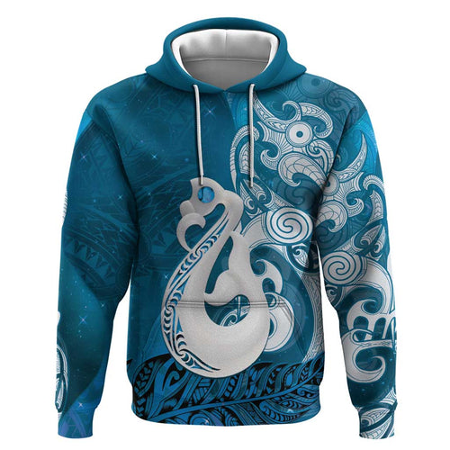 New Zealand Matariki Hoodie Maori Manaia Galaxy Silver Fern Blue Color