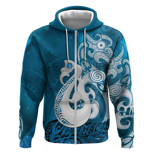 New Zealand Matariki Hoodie Maori Manaia Galaxy Silver Fern Blue Color