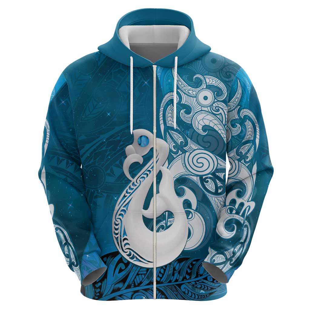 New Zealand Matariki Hoodie Maori Manaia Galaxy Silver Fern Blue Color