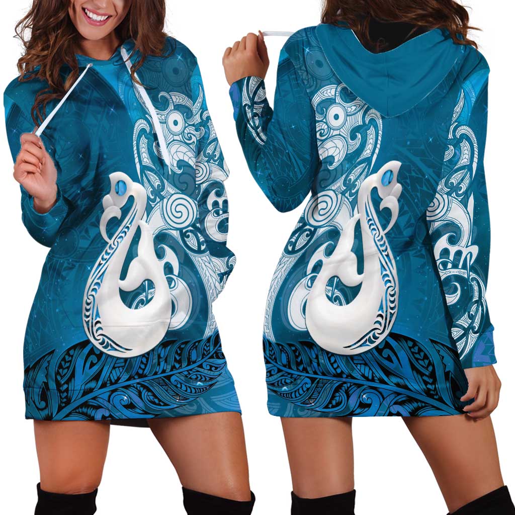 New Zealand Matariki Hoodie Dress Maori Manaia Galaxy Silver Fern Blue Color