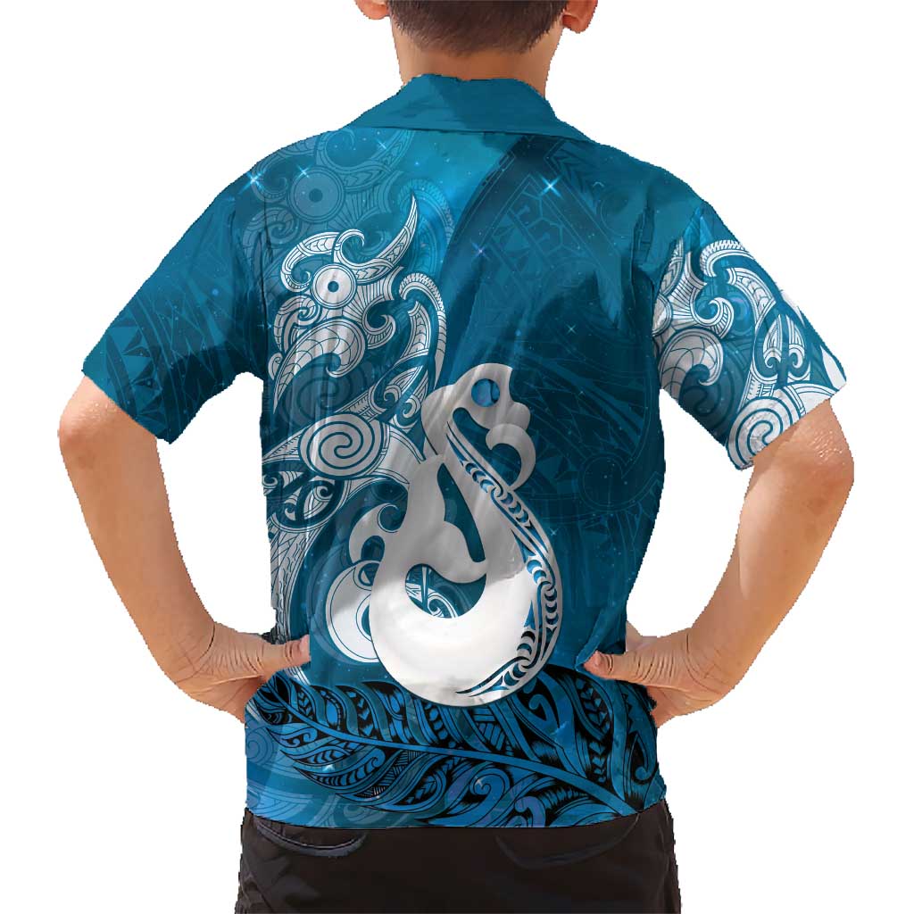 New Zealand Matariki Kid Hawaiian Shirt Maori Manaia Galaxy Silver Fern Blue Color
