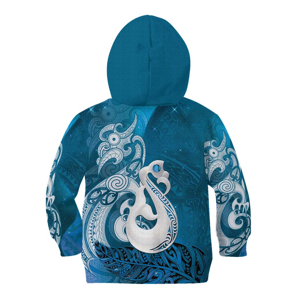 New Zealand Matariki Kid Hoodie Maori Manaia Galaxy Silver Fern Blue Color