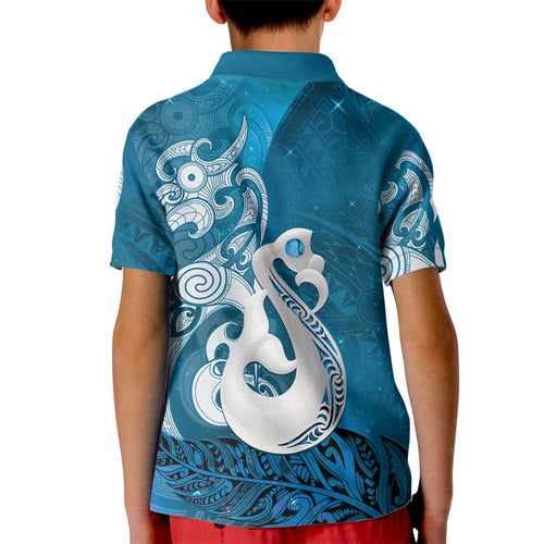New Zealand Matariki Kid Polo Shirt Maori Manaia Galaxy Silver Fern Blue Color