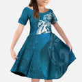 New Zealand Matariki Kid Short Sleeve Dress Maori Manaia Galaxy Silver Fern Blue Color
