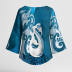 New Zealand Matariki Kimono Sleeve Blouse Maori Manaia Galaxy Silver Fern Blue Color